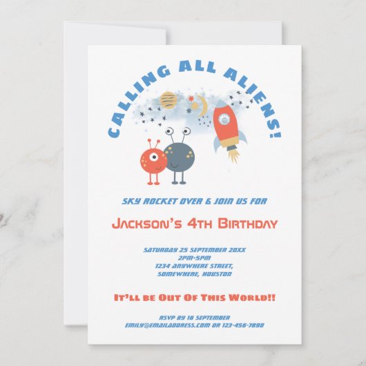 Außerirdischen Spaceship Cartoon Junge 4. Geburtst Einladung (Vorderseite)