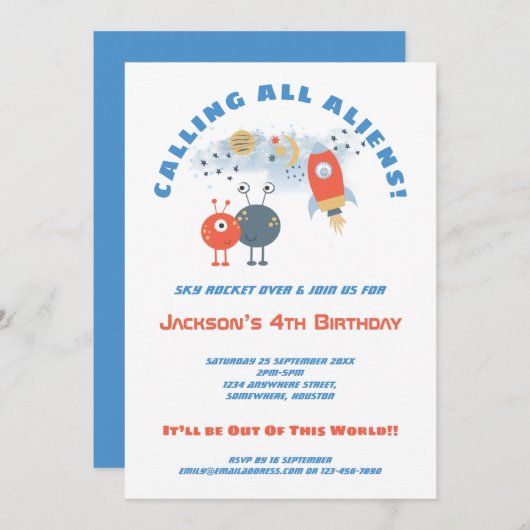 Außerirdischen Spaceship Cartoon Junge 4. Geburtst Einladung (Vorne/Hinten)