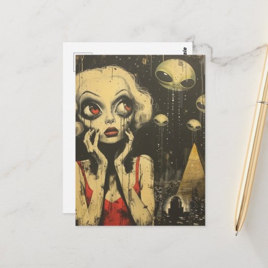 Außerirdischen und Frauen in Roter Kleidung Scifi Postkarte (Vorderseite/Rückseite Beispiel)