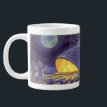 Außerirdischen zur Vintagen Science Fiction auf de Jumbo-Tasse<br><div class="desc">Vintage Illustration futuristische Science Fiction Außerirdischen und Roboter im Weltraumbild. Ein klassisches Comic-Buch-Design mit freundlichen Alien-Astronauten auf einem fremden Planeten oder Mond auf einer Raumstation,  die auf der Erde herauf und winkt. Sterne funkeln am Nachthimmel.</div>