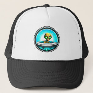 Außerirdischer Alien, der ein UFO fliegt Truckerkappe