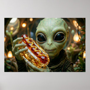 Außerirdischer Alien mit kristallinem Hotdog Poster