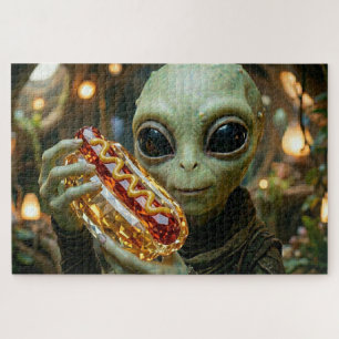 Außerirdischer Alien mit kristallinem Hotdog Puzzle