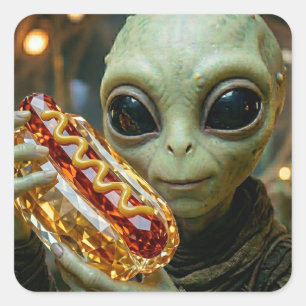 Außerirdischer Alien mit kristallinem Hotdog Quadratischer Aufkleber