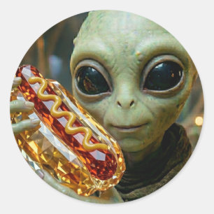 Außerirdischer Alien mit kristallinem Hotdog Runder Aufkleber