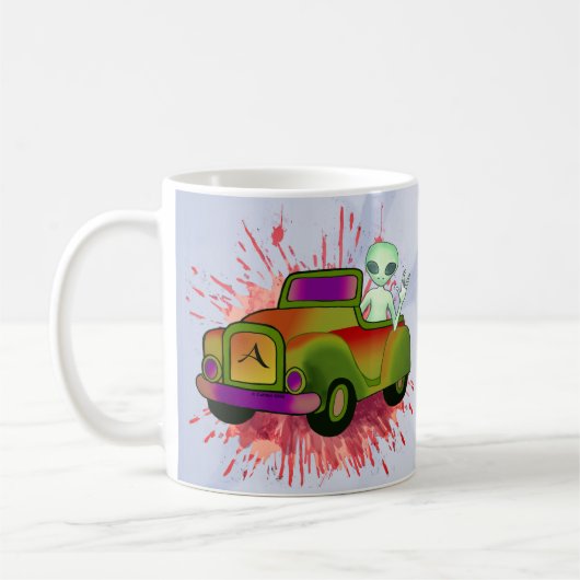 Außerirdischer fährt Auto Kaffeetasse (Links)