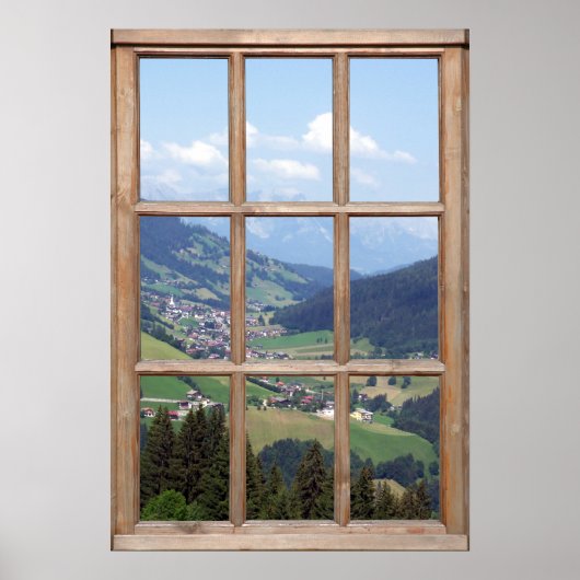 Aussicht auf das Bergtal von einem Fenster aus Poster (Vorne)