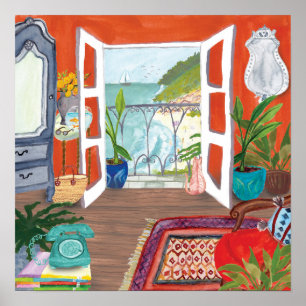 Aussicht auf das Meer Apartment Räume Wasserfarbe  Poster