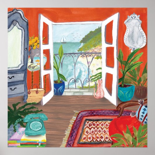 Aussicht auf das Meer Apartment Räume Wasserfarbe  Poster (Vorne)