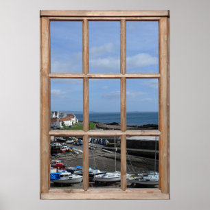 Aussicht auf den Fischereihafen aus einem Fenster Poster