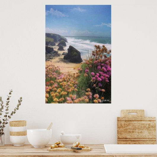 Aussicht auf den Strand mit Blume, Poster (Küche)