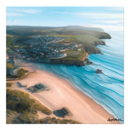 Aussicht auf den Strand und die Stadt Cornish Fotodruck