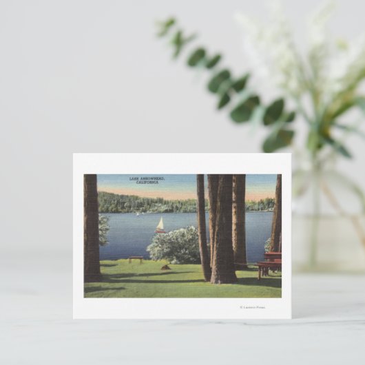 Aussicht auf die grasbewachsene Küste und den See Postkarte (Stehend Vorderseite)