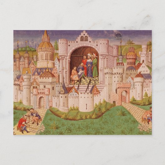 Aussicht auf eine Stadt mit Straßenbauarbeitern Postkarte (Vorderseite)