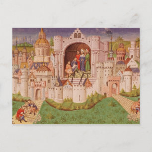 Aussicht auf eine Stadt mit Straßenbauarbeitern Postkarte