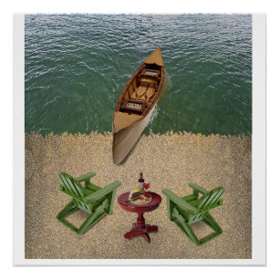 Aussicht vom Strand mit Wein und Käse. Poster