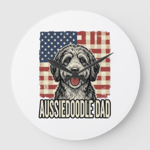 Aussiedoodle-Vater-patriotisches-vintage-Hunde-Shi Große Wanduhr