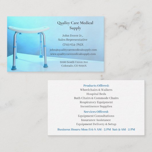 Ausstattung mit weißem Duschstuhl Medizinische Bet Visitenkarte (Vorne/Hinten)