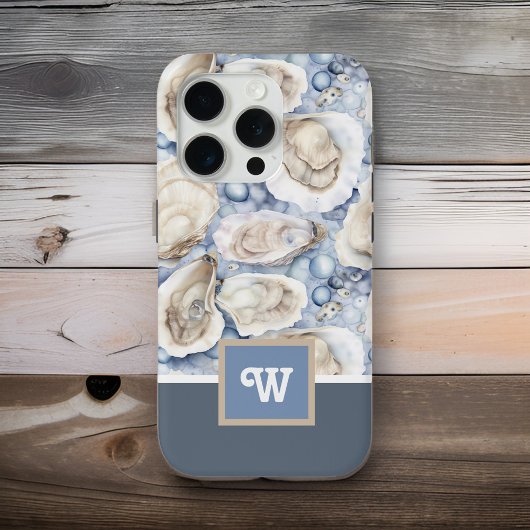 Austern in Pearls Blue Gray Tan Monogram Initial Case-Mate iPhone Hülle