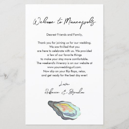 Austern-Küsten-Hochzeits-Willkommensbeutel-Brief (Vorderseite)