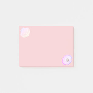 Austernschale mit Perle auf hell-korallenrosa Post-it Klebezettel