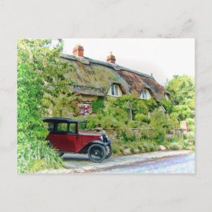 Austin 7 vor einem Reetdachhaus Postkarte