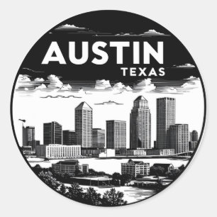 Austin City Texas Skyline Retro Black & White Art Runder Aufkleber
