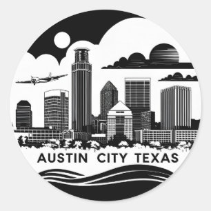 Austin City Texas Skyline Retro Black & White Art Runder Aufkleber