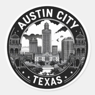 Austin City Texas Skyline Retro Black & White Art Runder Aufkleber