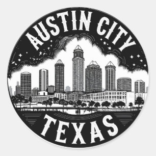 Austin City Texas Skyline Retro Schwarz-Weiß-Kunst Runder Aufkleber