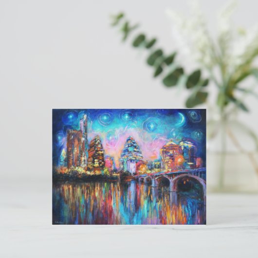 Austin Skyline in night cityscape Kunstgeschenke Postkarte (Stehend Vorderseite)