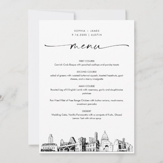 Austin Skyline Wedding Dinner Menu Card 12x18 (Vorderseite)