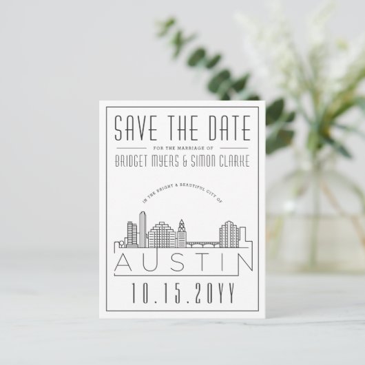 Austin | Stilisierte Skyline Save the Date Postkarte (Stehend Vorderseite)