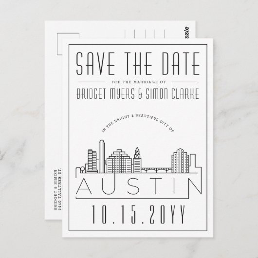 Austin | Stilisierte Skyline Save the Date Postkarte (Vorne/Hinten)