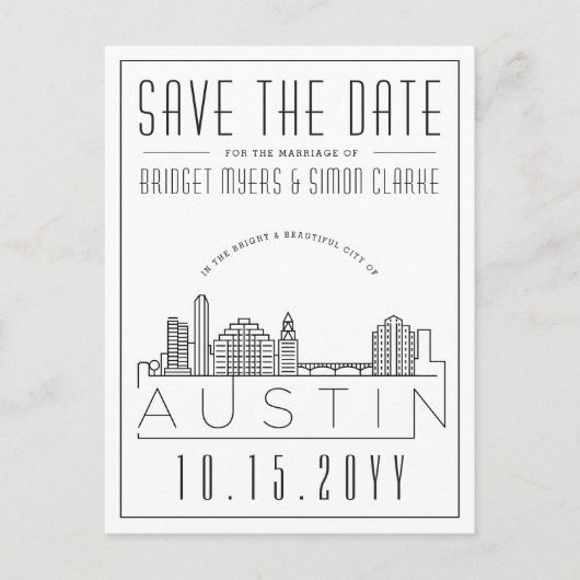 Austin | Stilisierte Skyline Save the Date Postkarte (Vorderseite)