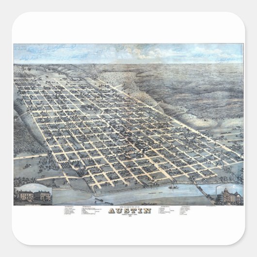 Austin, Texas Antique City Map von 1873 Quadratischer Aufkleber (Vorderseite)