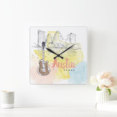 Austin, Texas | Aquarellzeichnung Quadratische Wanduhr (Zuhause)