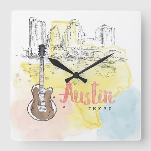 Austin, Texas | Aquarellzeichnung Quadratische Wanduhr (Vorderseite)
