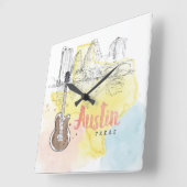 Austin, Texas | Aquarellzeichnung Quadratische Wanduhr (Winkel)