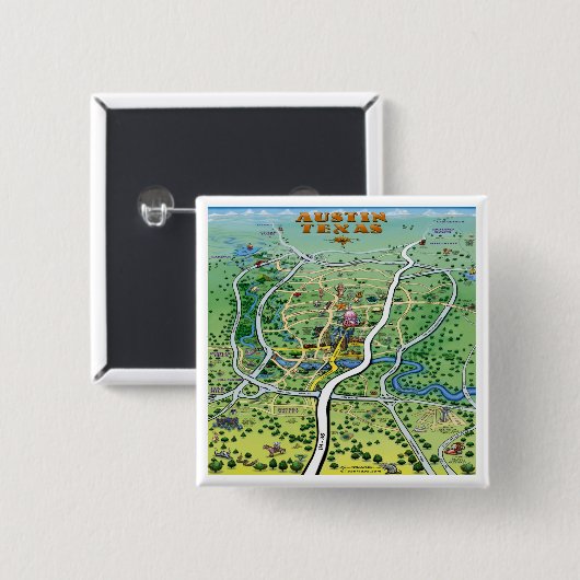 Austin Texas Cartoon Map Button (Vorne & Hinten)