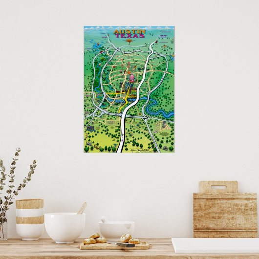 Austin Texas Cartoon Map Poster (Küche)