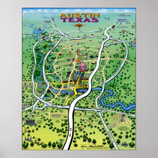 Austin Texas Cartoon Map Poster (Vorne)