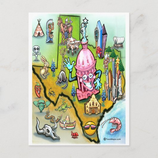 Austin Texas Cartoon Map Postkarte (Vorderseite)