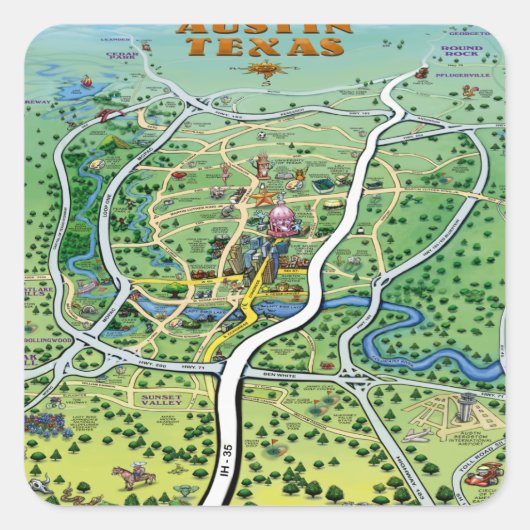 Austin Texas Cartoon Map Quadratischer Aufkleber (Vorderseite)