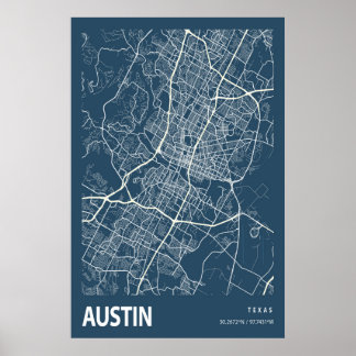 Austin Texas City Map Line Art Blue Print Poster