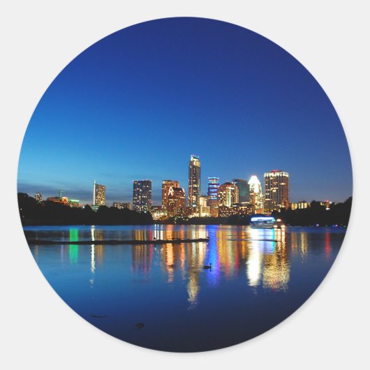 Austin Texas Downtown Night Skyline Ladybird Lake Runder Aufkleber (Vorderseite)
