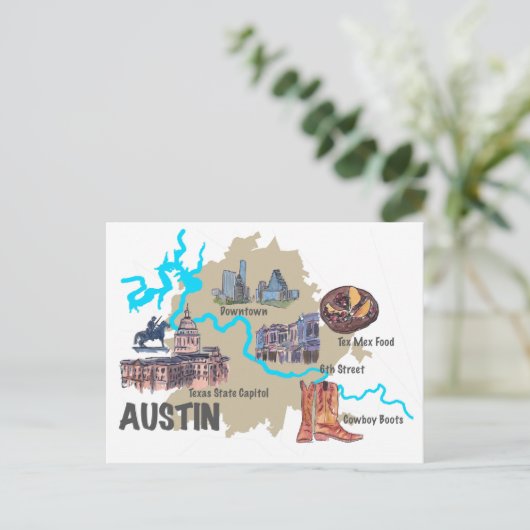 Austin Texas Map Postkarte (Stehend Vorderseite)