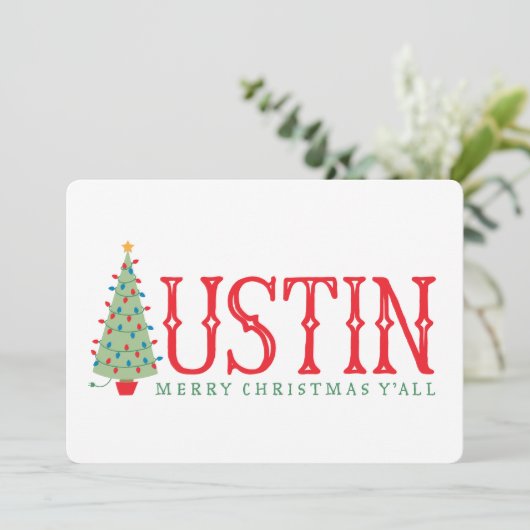 Austin Texas Merry Christmas Tree Card oder laden Einladung (Stehend Vorderseite)