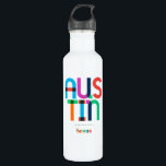 Austin Texas Mitte Jahrhundert, Pop Art, Edelstahlflasche<br><div class="desc">Austin Texas klassischer Retrostil aus dem 60er 70er und 80er. Helle Primärfarben im abstrakten Kunststil des 20. Jahrhunderts mit einfachen geometrischen Elementen. Vintage Pop Kunst. Einfach fett,  trage deine Heimatstadt laut aus.</div>