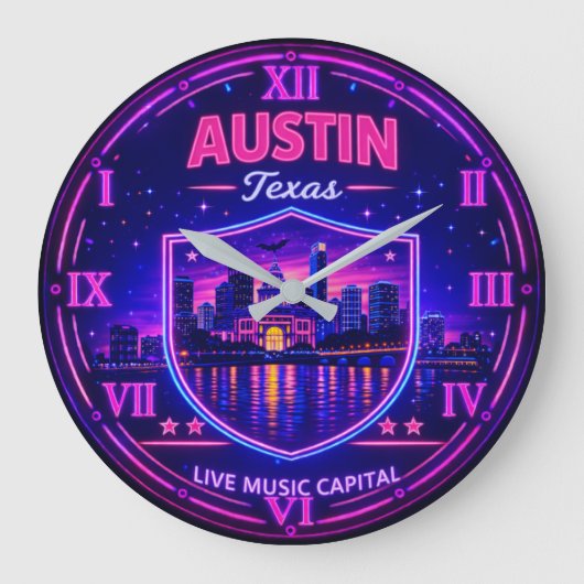 Austin Texas Neon Skyline  Große Wanduhr (Vorderseite)